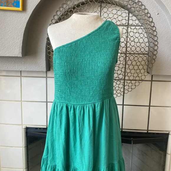 Anrabess one shoulder green midi dress size large ruffle pleated smocked dress - Picture 2 of 9